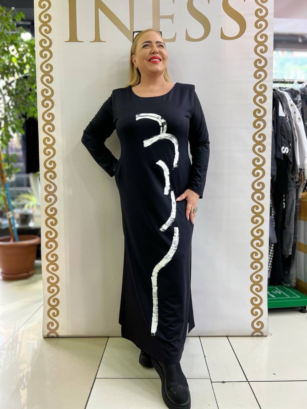 Black Long Sleeve Maxi Dress with Abstract Silver Detail